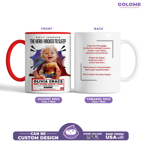 Custom Wonder Woman Baby Mug – “The Tiny Amazonian” with Personalized Photo, Name & Heartwarming Message